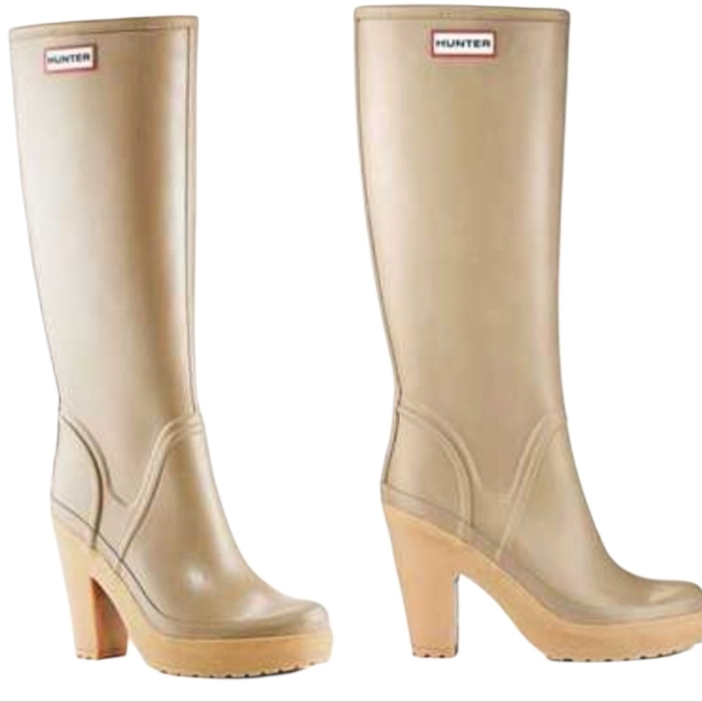 RARE Hunter Lonny Tall Nude Beige Chunky Heeled Platform Rain Boots